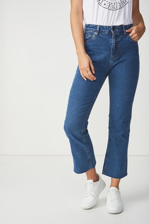 High rise kick flare crop stretch jean - blue