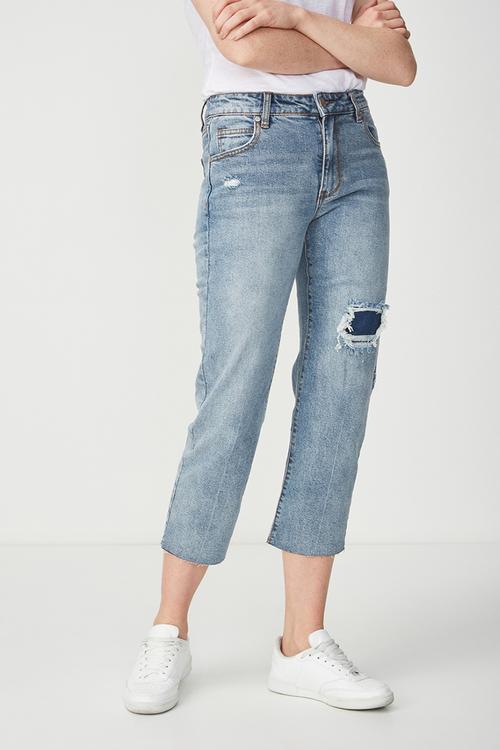 Mid rise straight crop stretch jeans - blue 