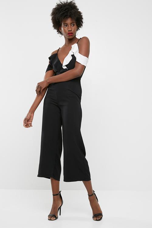 Cold shoulder ruffle culotte jumpsuit - black