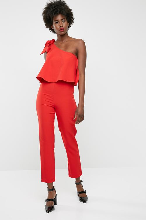 One shoulder bow jumpsuit - red