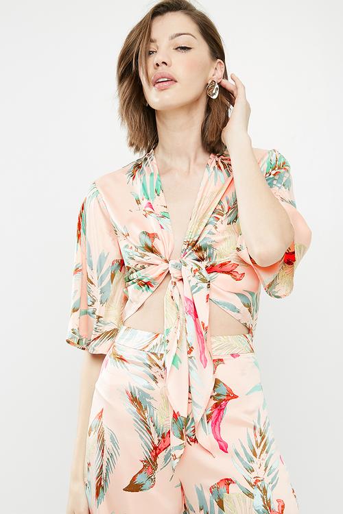 Tropical print satin tie front top - multi
