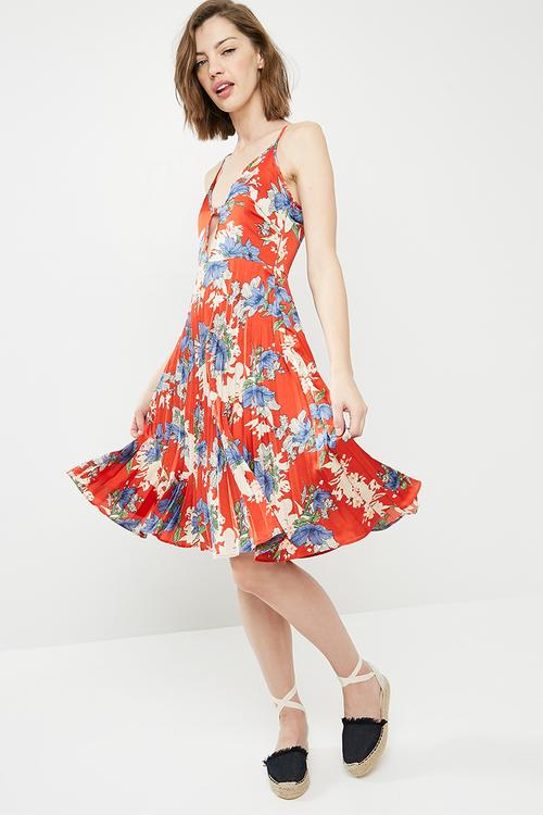 Satin strappy floral pleated midi dress - multi