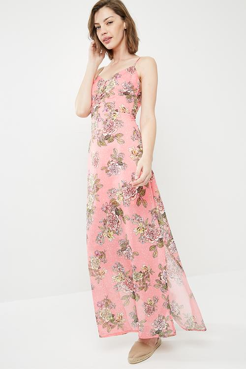 Chiffon floral print button down maxi dress - multi 