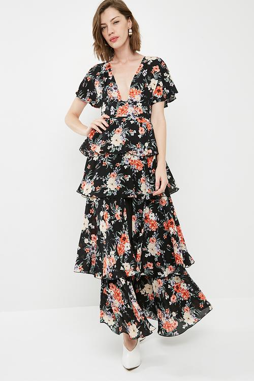 Floral plunge neck tiered frill maxi dress - multi