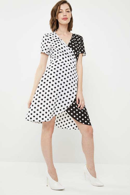 Contrast wrap over tie waist mini dress - black & white 