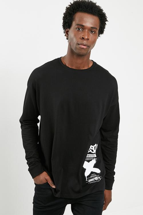 Printed oversized long sleeve tee - black 