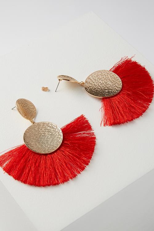 Metal fan tassel earring - red & gold 