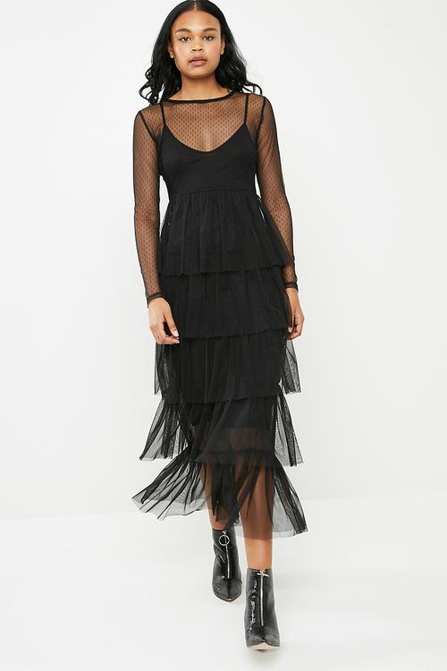 Tiered soft tulle maxi dress - black 