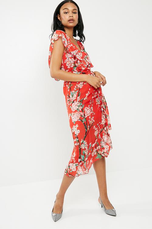 Floral ruffle short sleeve midi tea dress - red 