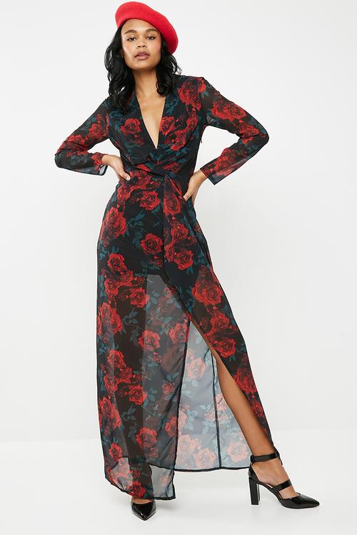 Floral twist thigh split maxi dress - black 