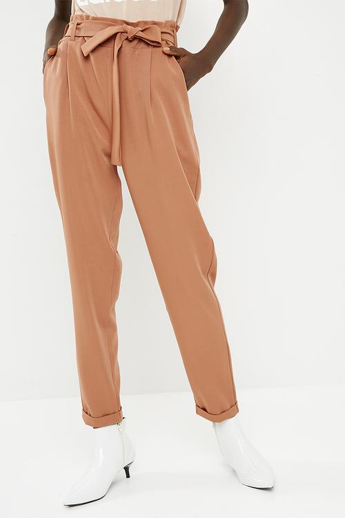 High waisted self tie suit pant - tan 
