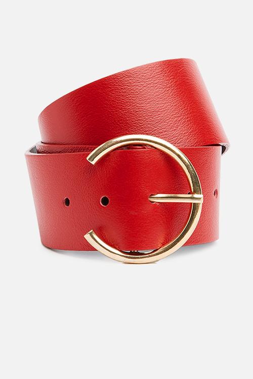 Leather waist belt with horse shoe buckle - red