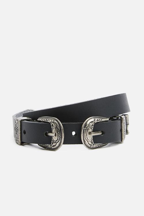 Western leather double buckle belt - black
