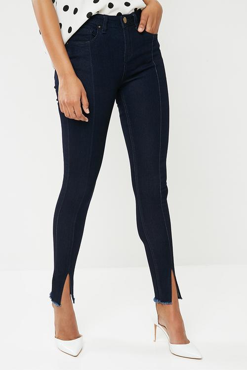 Hi waist seamed split front skinny jean - blue 