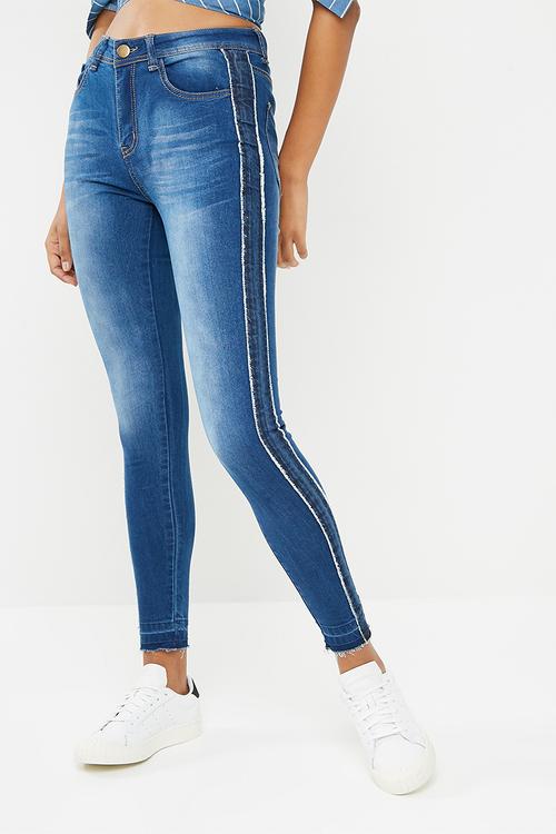 Hi waist side stripe slim jean - blue 