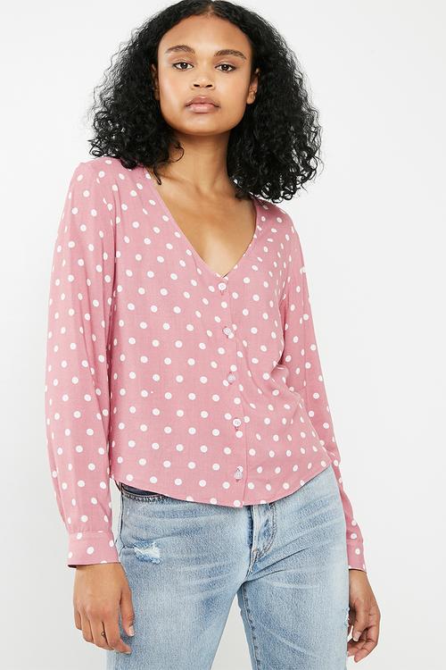 Soft V-neck button front shirt - pink 