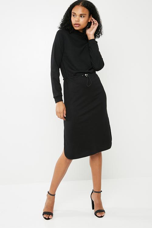 Turtle neck drawstring midi dress - black
