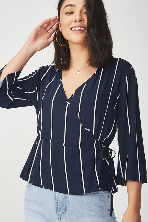 Peplum wrap blouse - navy & white 