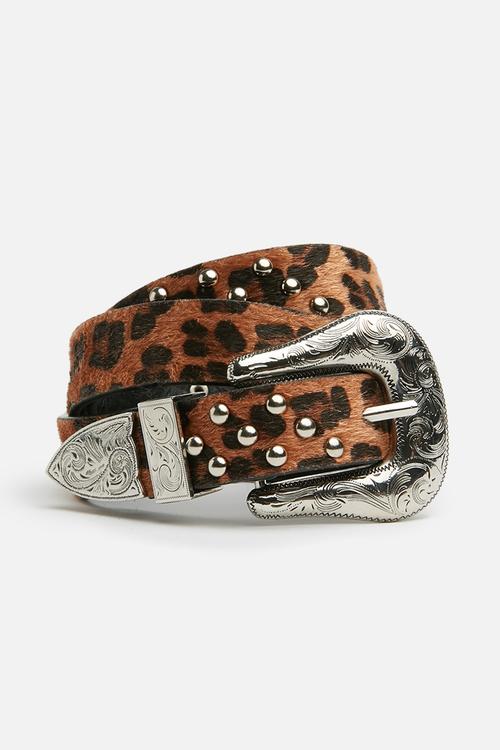 Leopard print western belt - brown 