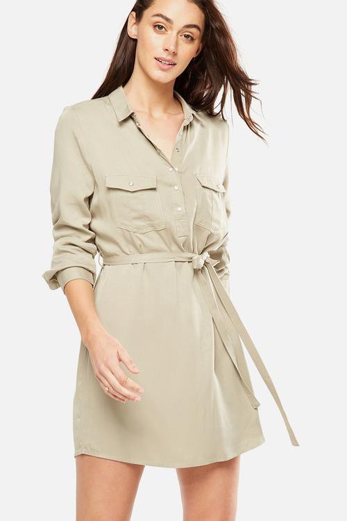 Woven long sleeve shirt dress - beige