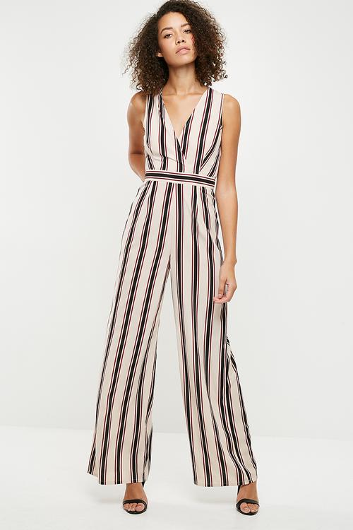 Stripe wrap front sleeveless jumpsuit - cream 