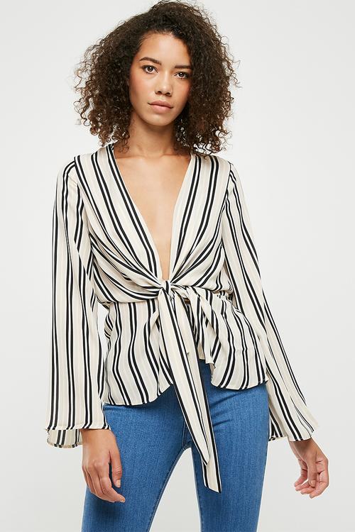 Stripe drape front plunge blouse - multi 