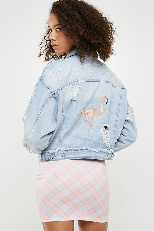 Happy time' flamingo embroidered denim jacket - blue 