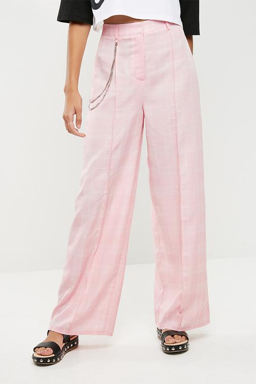 Check chain detail wide leg trousers - pink 