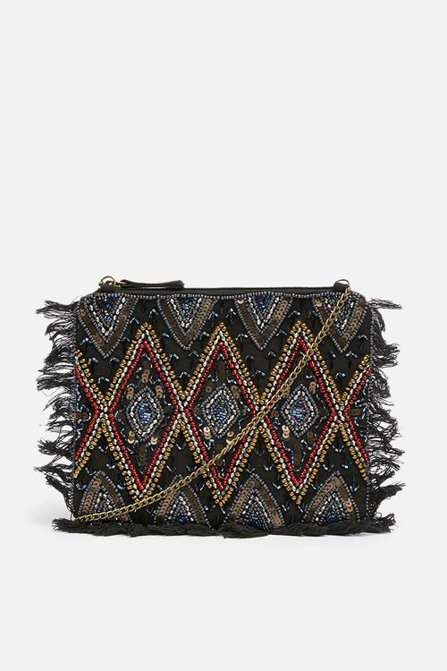 Sequin beaded fringe clutch bag - multi 
