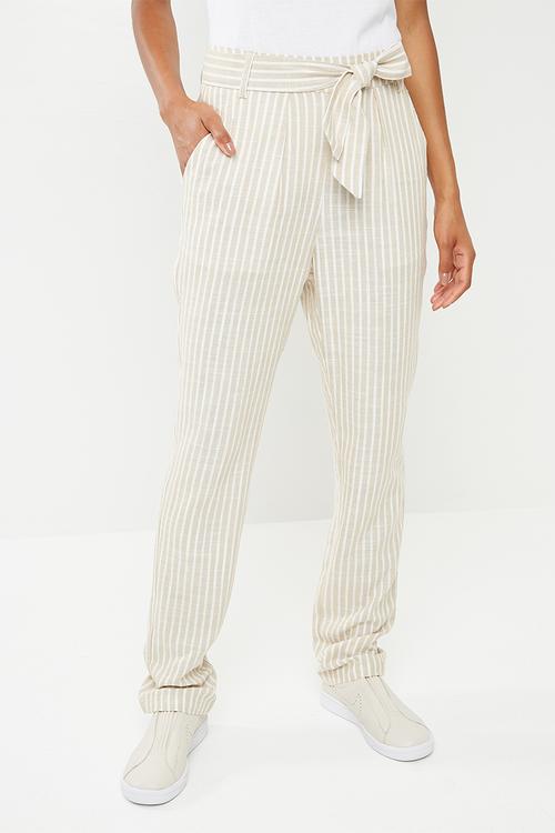 Linen blend self tie suit pants - beige & white 