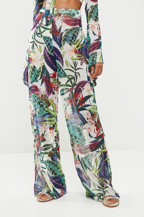 Mesh white floral wide leg trouser - multi