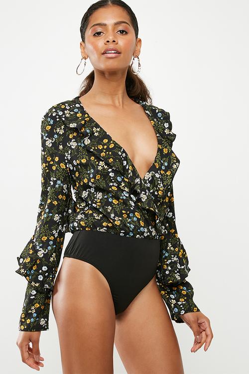 Floral frill front wrap bodysuit - multi