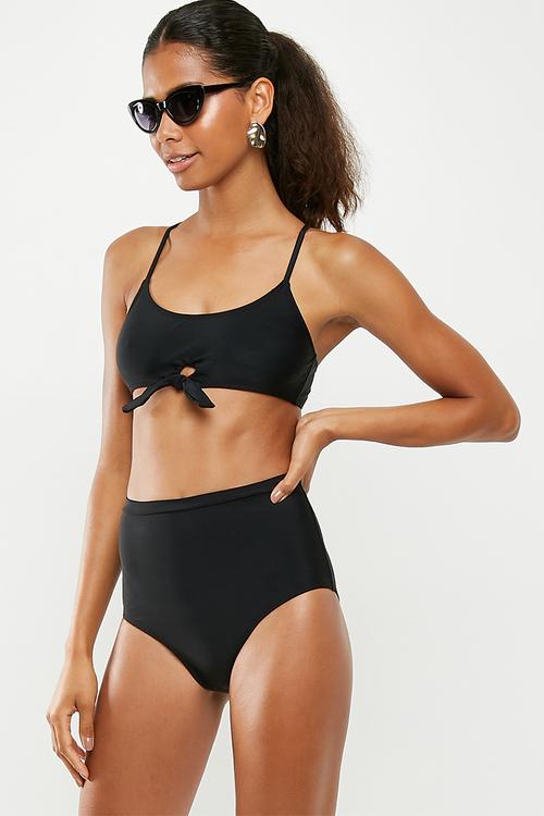 Knot tie front high waist bikini set - black