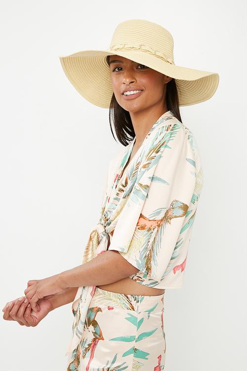 Chain detail straw floppy hat - cream