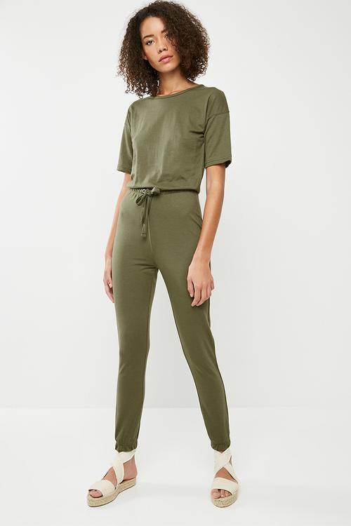 Slouch drawstring short sleeve jumpsuit - green 