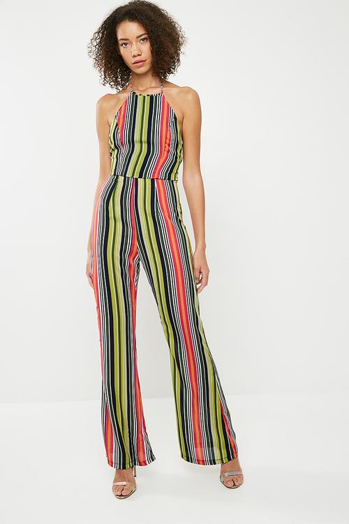 Bright stripe 90s neck flared jumpsuits - multi