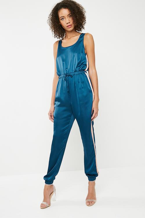 Sports side stripe satin jumpsuit - blue & pink 