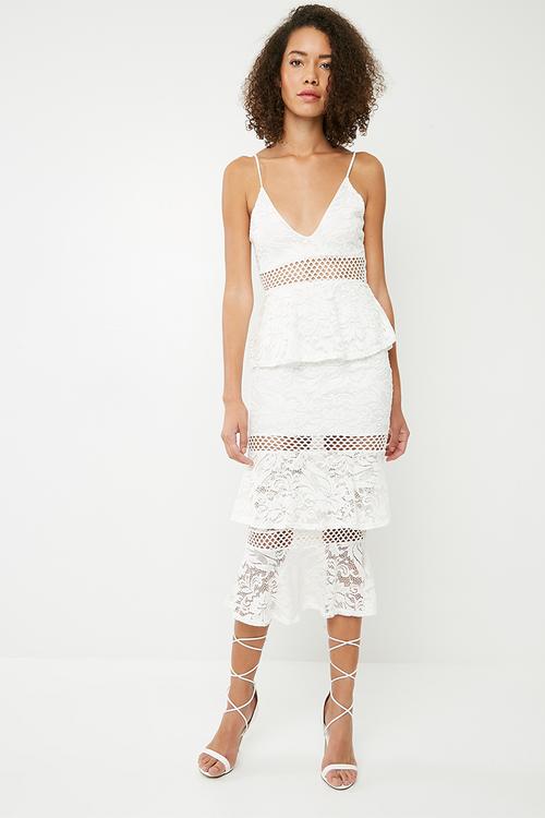 Strappy lace frill layered midi dress - white 