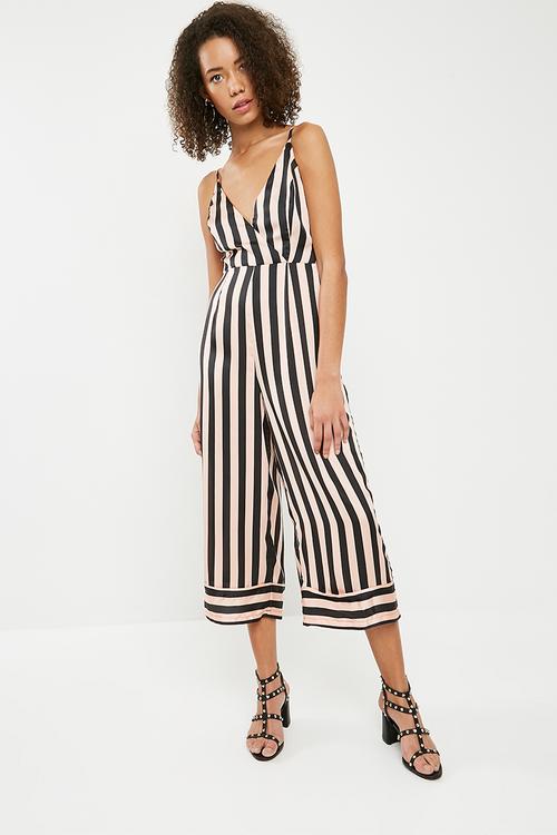 Stripe cami deep cuff culotte jumpsuit - black & pink 