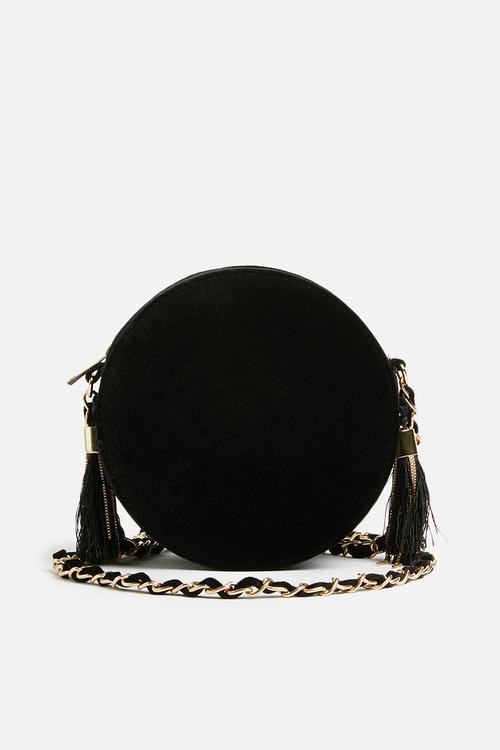 Circle velvet tassel detail cross body bag - black