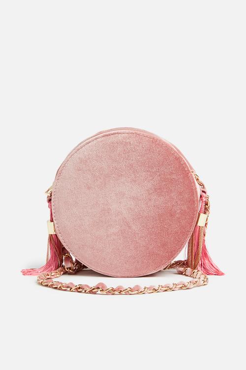 Circle velvet tassel detail cross body bag - pink