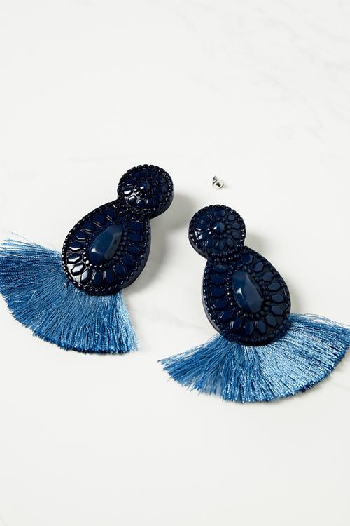 Baboshka fan tassel statement earrings - navy