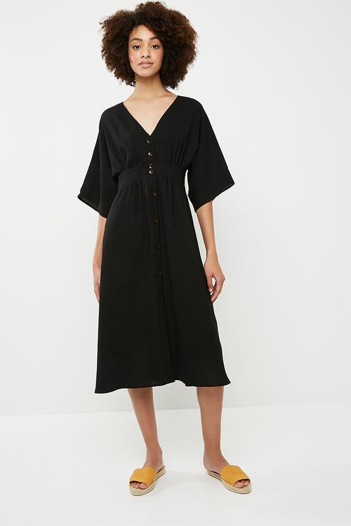 Button through kimono midi dress - black 