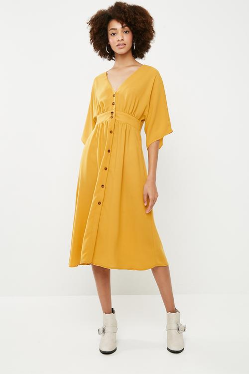 Button through kimono midi dress - yellow