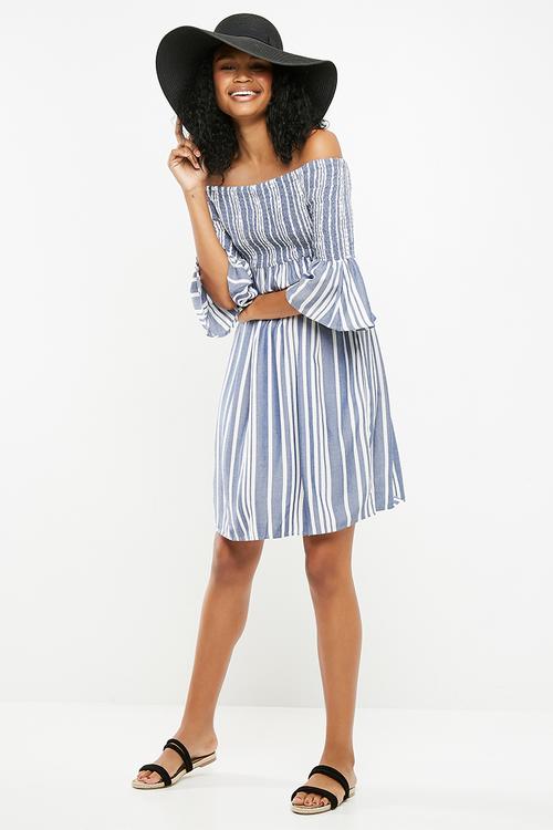 Celeste off shoulder smock dress - blue & white
