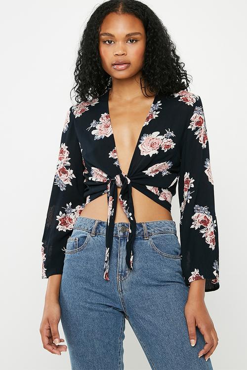 Ella 3/4 tie top - navy 