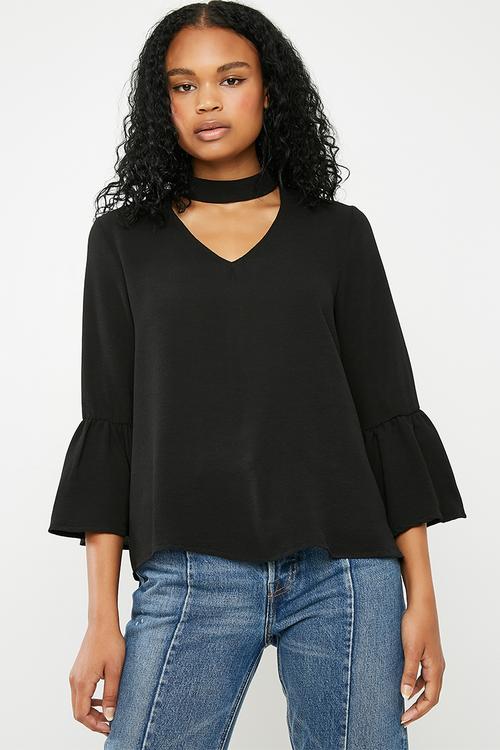 Choker blouse with bell sleeve - black