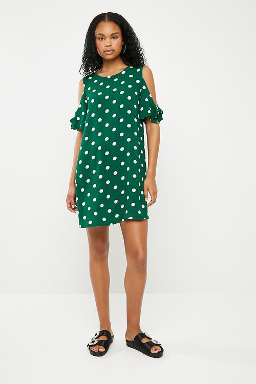 Cold shoulder swing dress - green & white 