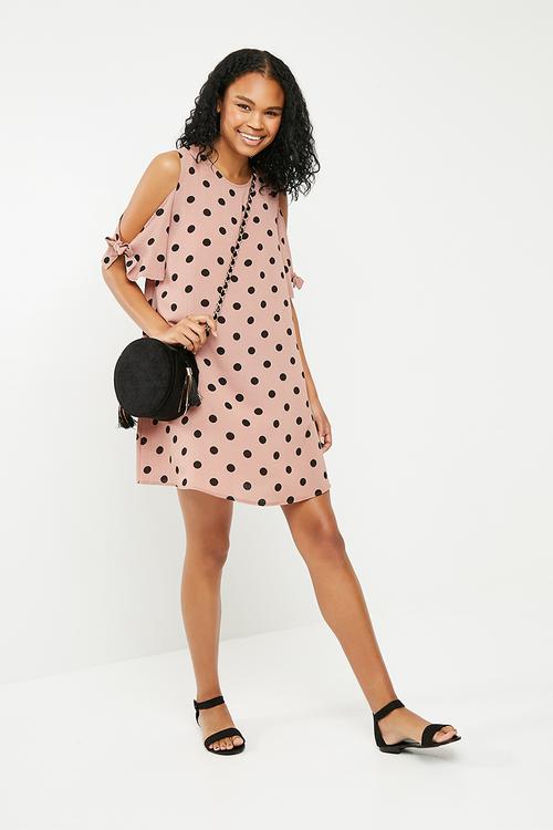 Cold shoulder spot swing dress - pink & black 