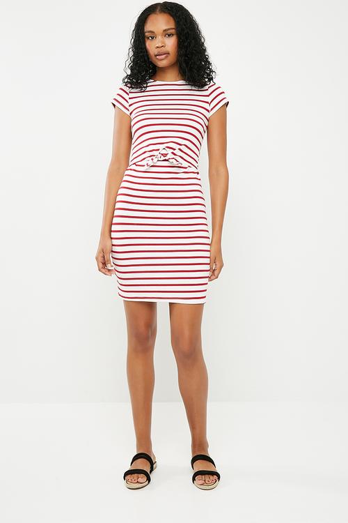 Bodycon tee dress with tie detail - Red & white